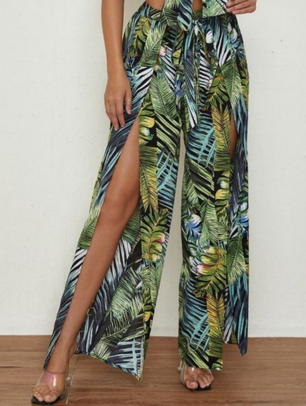Tropical Leaf Wide Leg Split Pants - Green Multi
